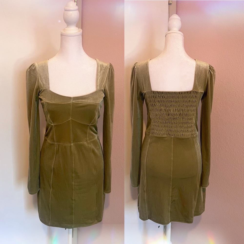 Urban Outfitters Olive Green Velvet Long Sleeve Smocked Corset Mini Dress